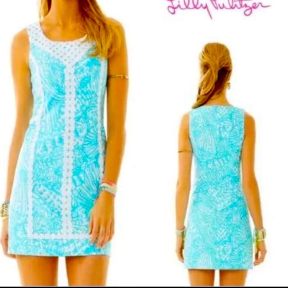 Lilly Pulitzer 6 Macfarlane Shorely Blue sea Cups fitted high neck shift Dress